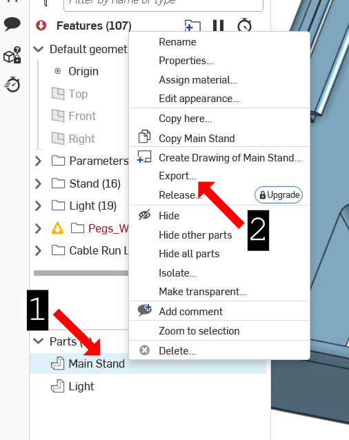 A screenshot of the OnShape interface showing how to export an STL