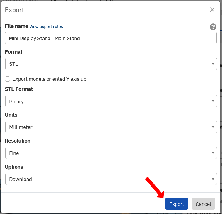 A screenshot of the OnShape interface showing how to export an STL