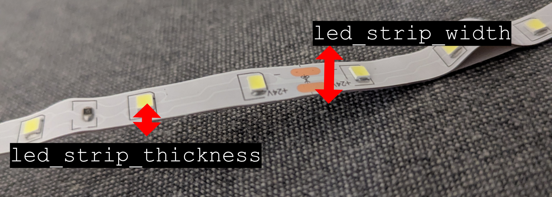 A picture of an LED strip with its associated variable dimensions.