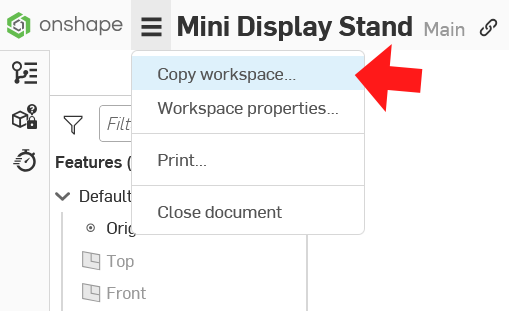 A screenshot of OnShape showing where to copy the workspace