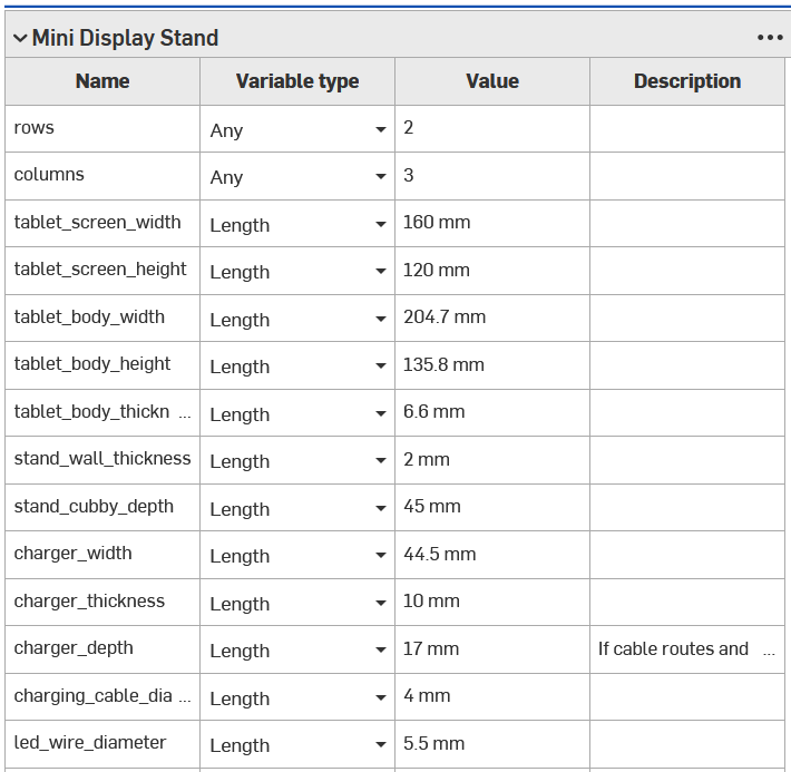 A screenshot of OnShape showing the variable table