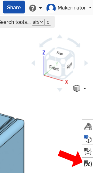 A screenshot of OnShape showing where to open the variable table