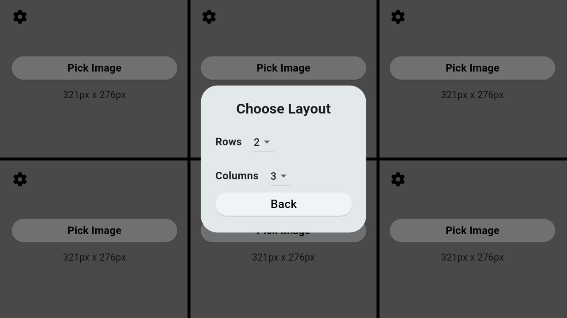 A screenshot of the Backdrop Box app showing the rows / columns dialog