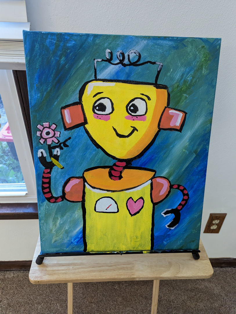 Painting of a cartoon style boy robot